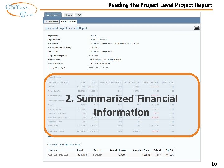 Reading the Project Level Project Report 5190000 MACTRAIN, MICHAEL 2. Summarized Financial Information MACTRAIN,