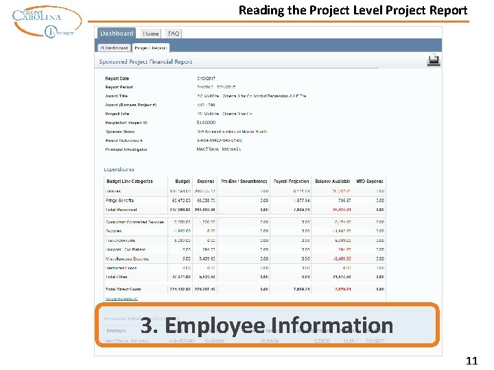 Reading the Project Level Project Report 5190000 MACTRAIN, MICHAEL 3. Employee Information MACTRAIN, MICHAEL