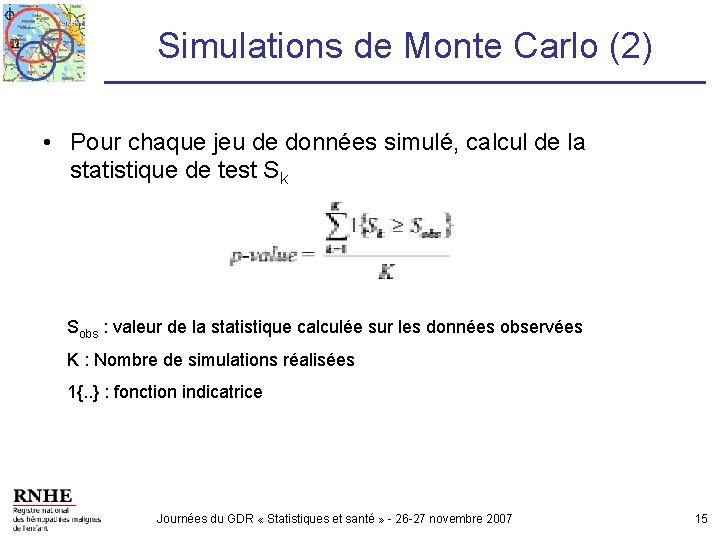 Simulations de Monte Carlo (2) • Pour chaque jeu de données simulé, calcul de