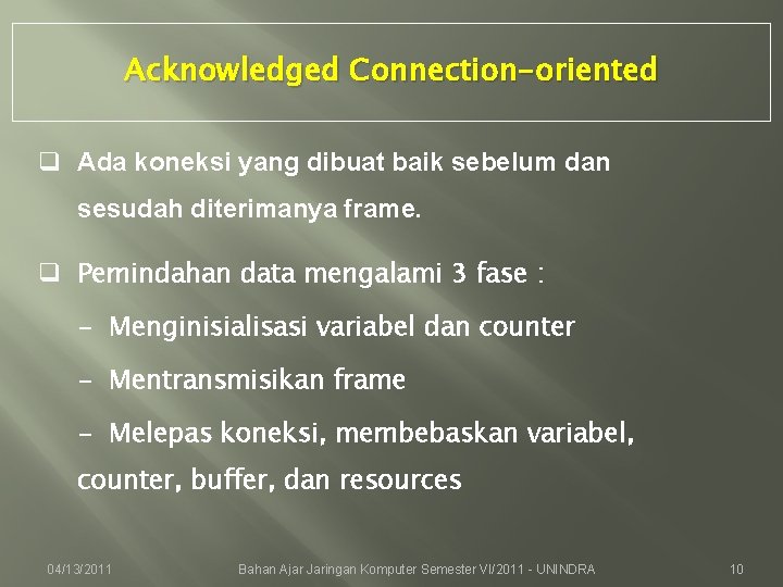 Acknowledged Connection-oriented q Ada koneksi yang dibuat baik sebelum dan sesudah diterimanya frame. q