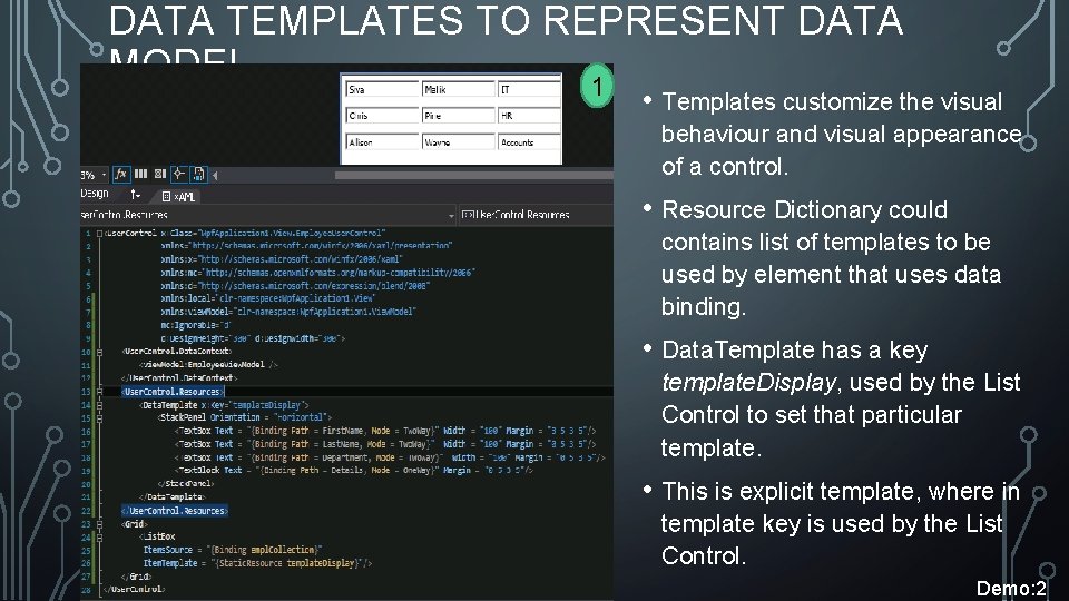 DATA TEMPLATES TO REPRESENT DATA MODEL 1 • Templates customize the visual behaviour and