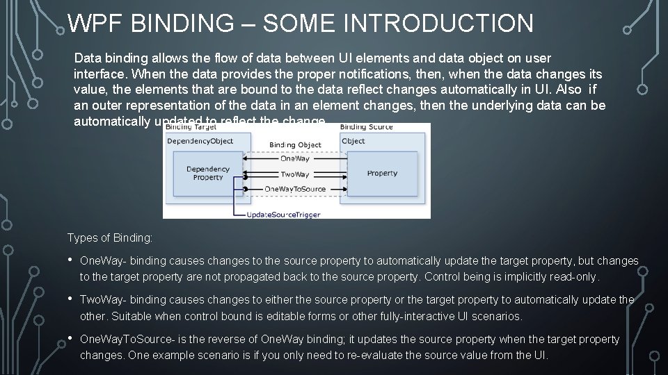 WPF BINDING – SOME INTRODUCTION Data binding allows the flow of data between UI