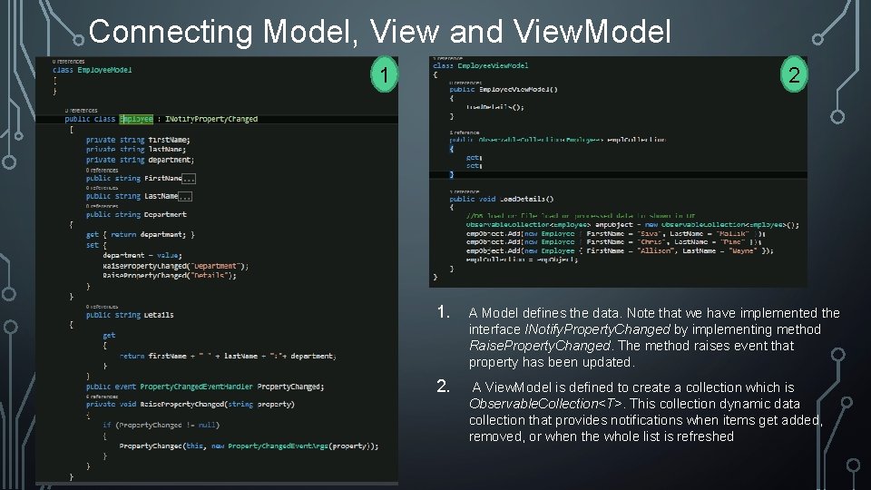 Connecting Model, View and View. Model 1 2 1. A Model defines the data.