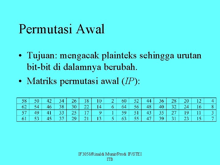 Permutasi Awal • Tujuan: mengacak plainteks sehingga urutan bit-bit di dalamnya berubah. • Matriks