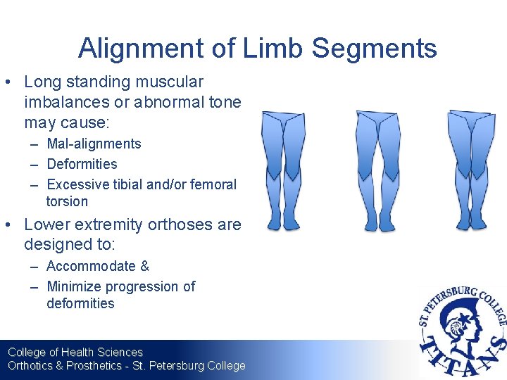 Alignment of Limb Segments • Long standing muscular imbalances or abnormal tone may cause: