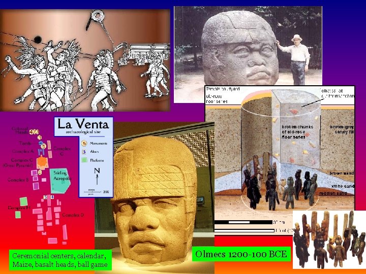 Ceremonial centers, calendar, Maize, basalt heads, ball game Olmecs 1200 -100 BCE 