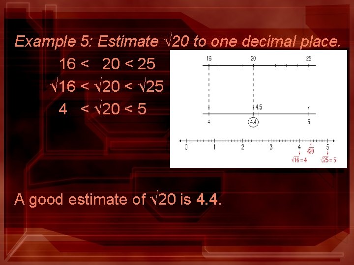 Example 5: Estimate √ 20 to one decimal place. 16 < 20 < 25