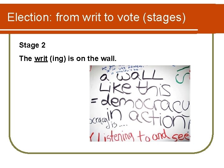 Election: from writ to vote (stages) Stage 2 The writ (ing) is on the