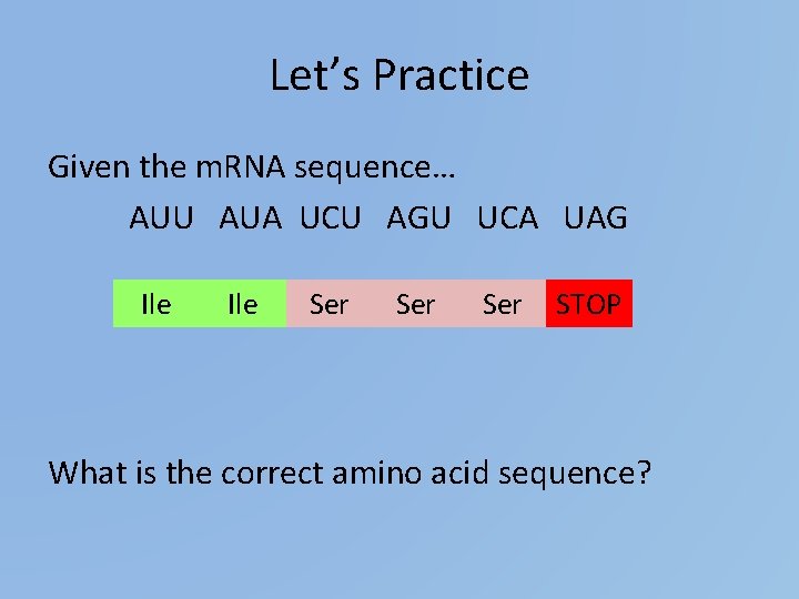 Let’s Practice Given the m. RNA sequence… AUU AUA UCU AGU UCA UAG Ile