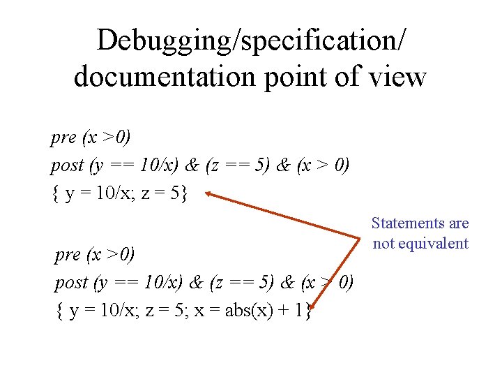 Debugging/specification/ documentation point of view pre (x >0) post (y == 10/x) & (z