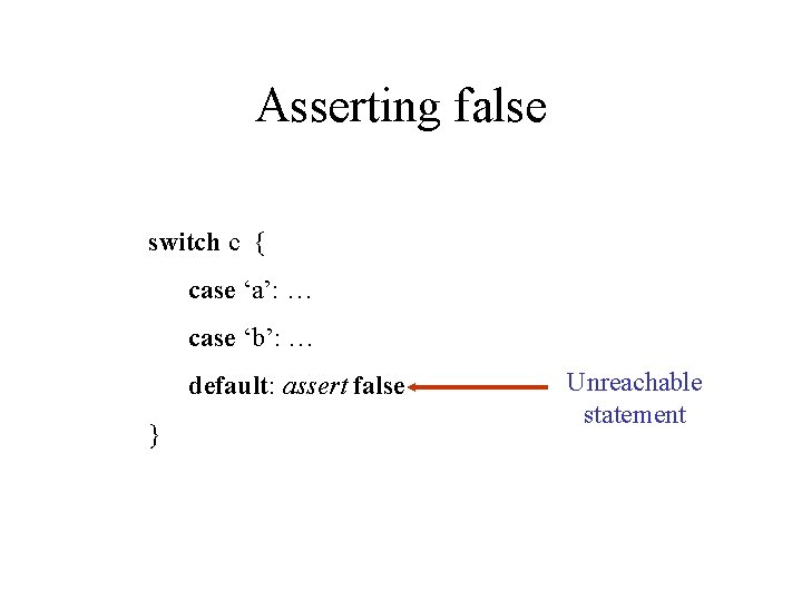 Asserting false switch c { case ‘a’: … case ‘b’: … default: assert false