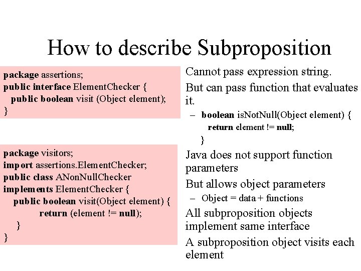 How to describe Subproposition package assertions; public interface Element. Checker { public boolean visit