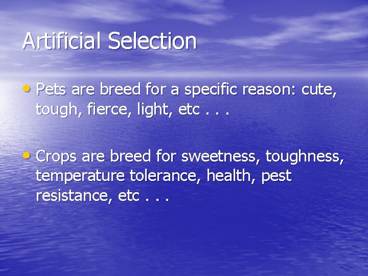 Artificial Selection • Pets are breed for a specific reason: cute, tough, fierce, light,