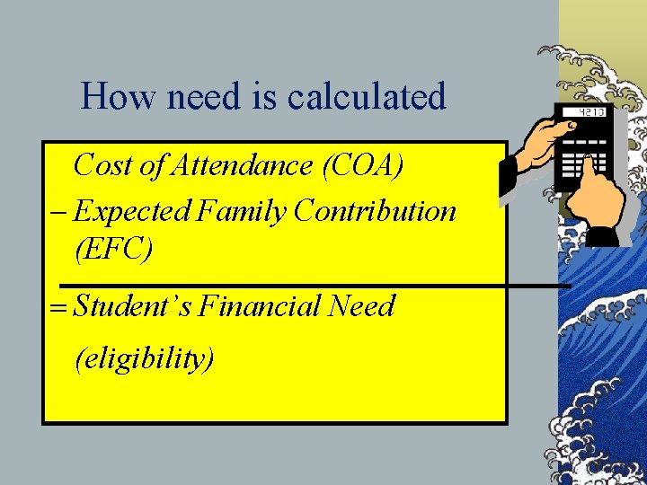 How need is calculated Cost of Attendance (COA) - Expected Family Contribution (EFC) =