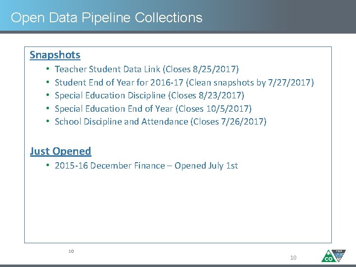 Open Data Pipeline Collections Snapshots • • • Teacher Student Data Link (Closes 8/25/2017)