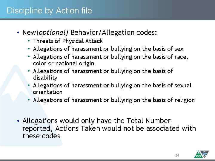 Discipline by Action file • New(optional) Behavior/Allegation codes: • Threats of Physical Attack •