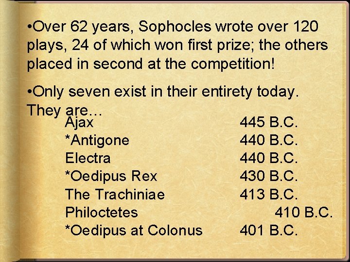  • Over 62 years, Sophocles wrote over 120 plays, 24 of which won