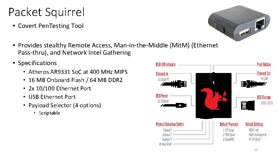 Packet Squirrel • Covert Pen. Testing Tool • Provides stealthy Remote Access, Man-in-the-Middle (Mit.