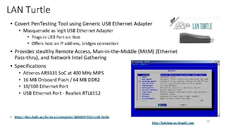 LAN Turtle • Covert Pen. Testing Tool using Generic USB Ethernet Adapter • Masquerade