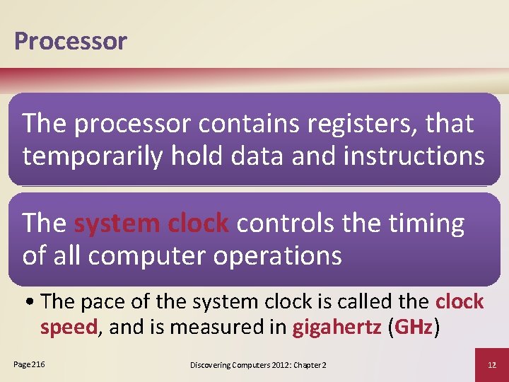Processor The processor contains registers, that temporarily hold data and instructions The system clock