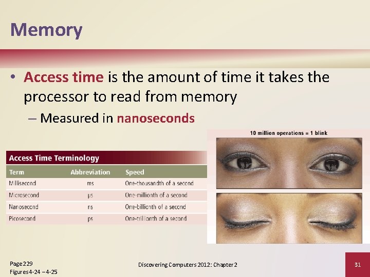 Memory • Access time is the amount of time it takes the processor to