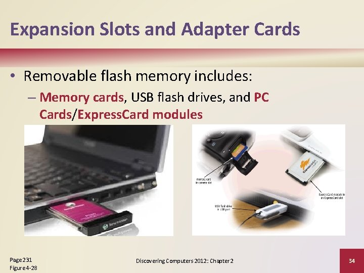 Expansion Slots and Adapter Cards • Removable flash memory includes: – Memory cards, USB