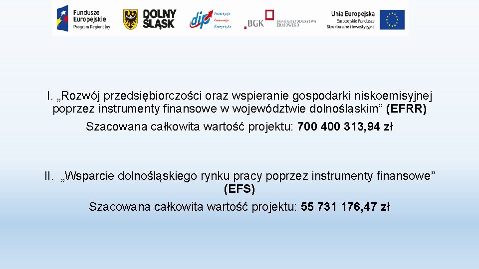 I. „Rozwój przedsiębiorczości oraz wspieranie gospodarki niskoemisyjnej poprzez instrumenty finansowe w województwie dolnośląskim” (EFRR)