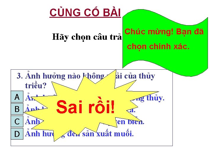 CỦNG CỐ BÀI Chúc mừng! Bạn đã Hãy chọn câu trả lời đúng: chọn