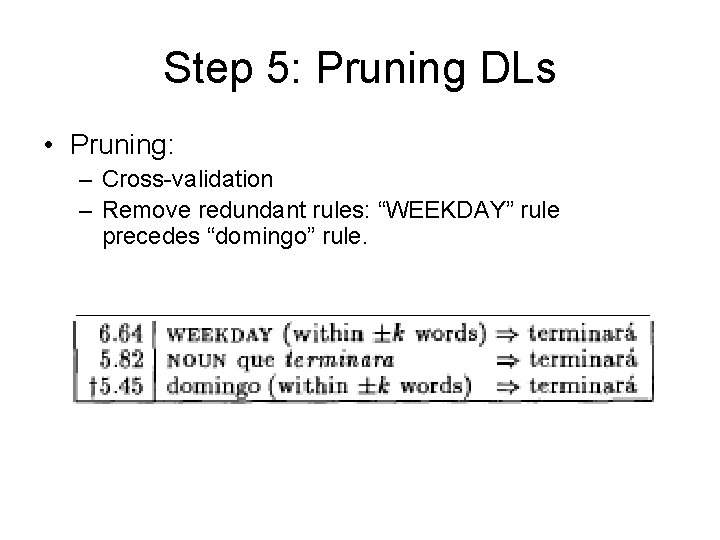 Step 5: Pruning DLs • Pruning: – Cross-validation – Remove redundant rules: “WEEKDAY” rule