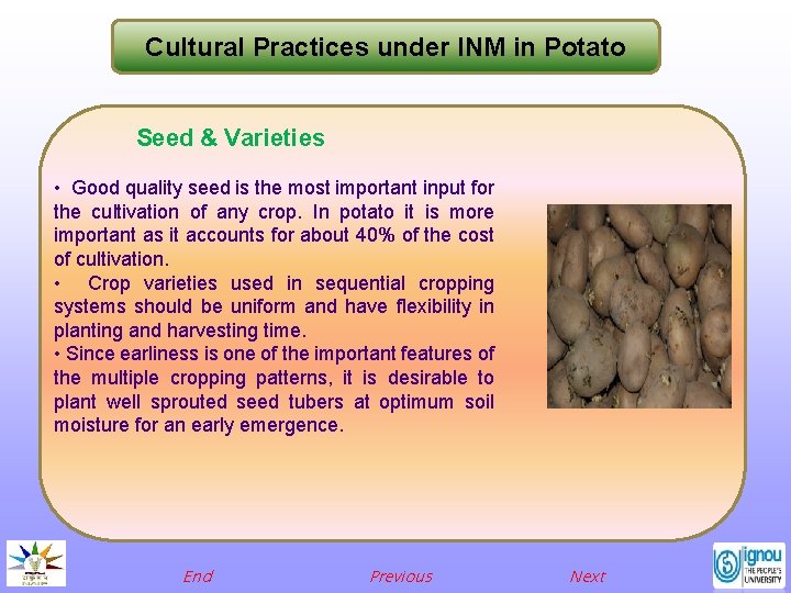 Cultural Practices under INM in Potato Seed & Varieties • Good quality seed is