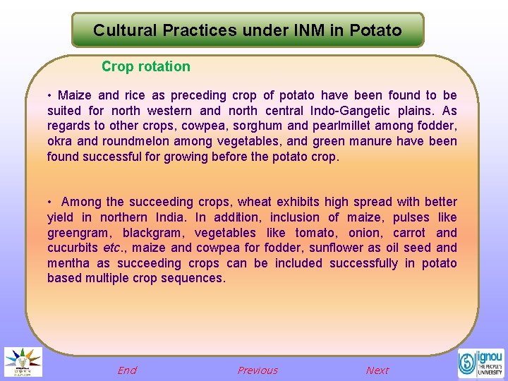 Cultural Practices under INM in Potato Crop rotation • Maize and rice as preceding