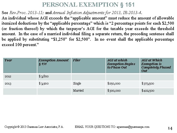 PERSONAL EXEMPTION § 151 See Rev. Proc. 2013 -15; and Annual Inflation Adjustments for