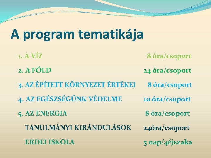 A program tematikája 1. A VÍZ 2. A FÖLD 3. AZ ÉPÍTETT KÖRNYEZET ÉRTÉKEI