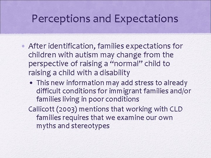 Perceptions and Expectations • After identification, families expectations for children with autism may change Perceptions and Expectations • After identification, families expectations for children with autism may change