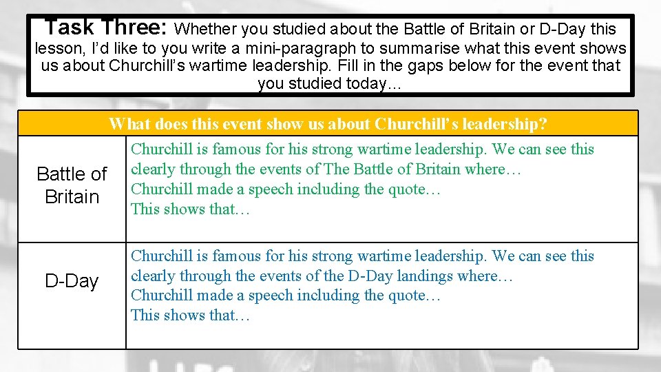 Task Three: Whether you studied about the Battle of Britain or D-Day this lesson,