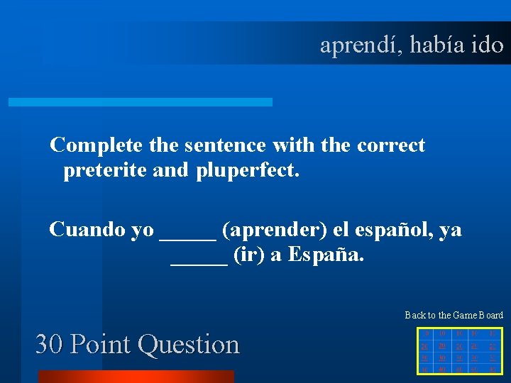 aprendí, había ido Complete the sentence with the correct preterite and pluperfect. Cuando yo