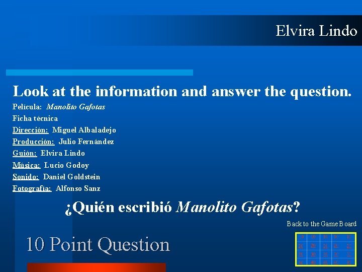 Elvira Lindo Look at the information and answer the question. Película: Manolito Gafotas Ficha