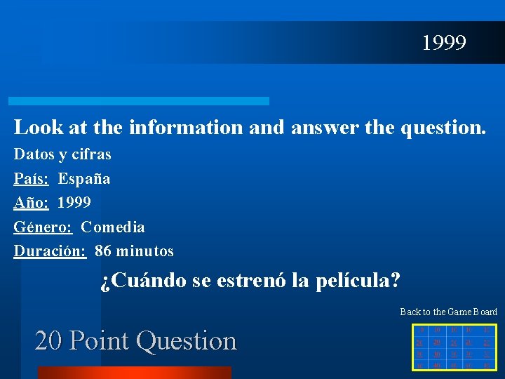 1999 Look at the information and answer the question. Datos y cifras País: España