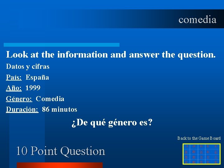comedia Look at the information and answer the question. Datos y cifras País: España