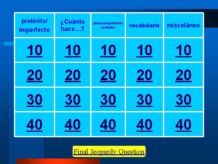 pretérito/ imperfecto ¿Cuánto hace…? pluscuamperfecto/ pretérito vocabulario misceláneo 10 10 10 20 20 20