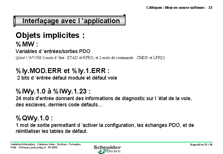 CANopen : Mise en œuvre software - 33 Interfaçage avec l ’application Objets implicites