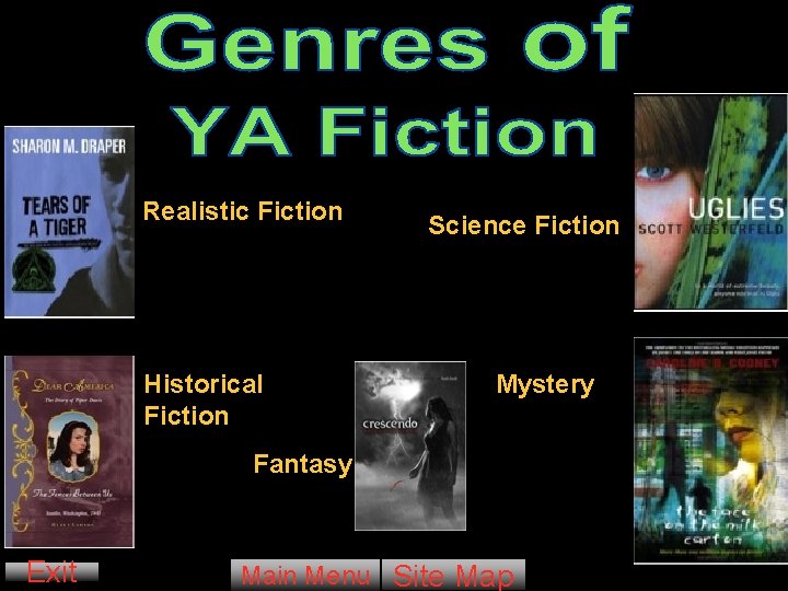 Realistic Fiction Historical Fiction Science Fiction Mystery Fantasy Exit Main Menu Site Map 