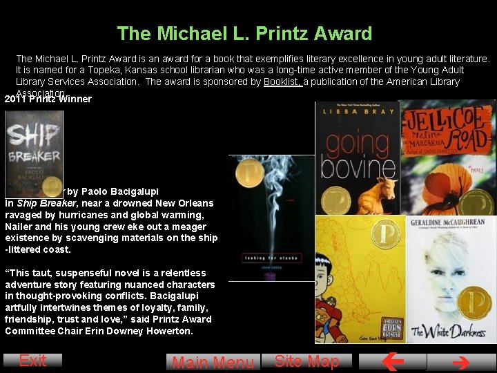 The Michael L. Printz Award is an award for a book that exemplifies literary