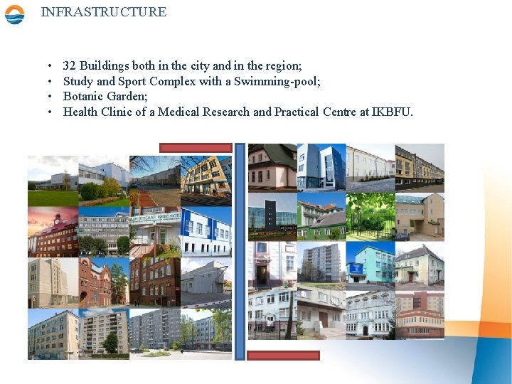 INFRASTRUCTURE • • 32 Buildings both in the city and in the region; Study