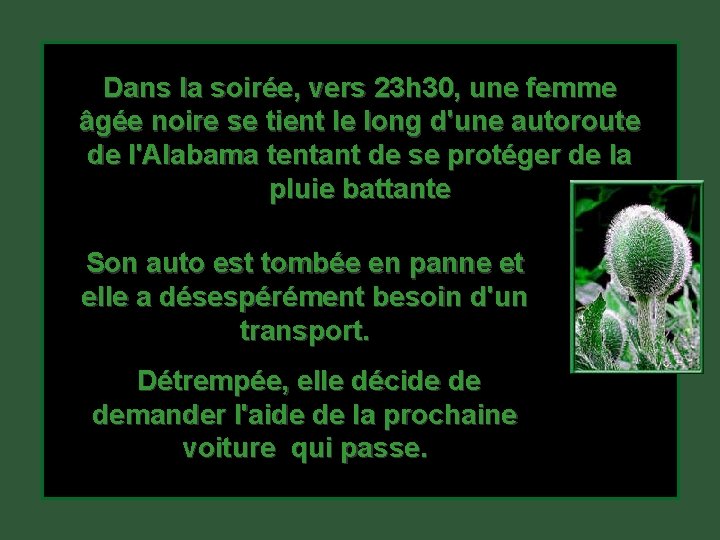 Dans la soirée, vers 23 h 30, une femme âgée noire se tient le