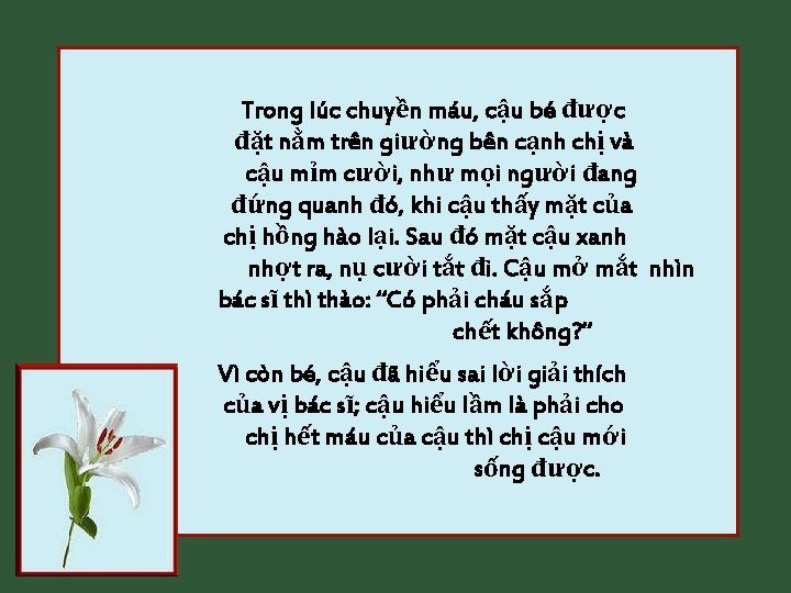 Trong lúc chuyền máu, cậu bé được đặt nằm trên giường bên cạnh chị