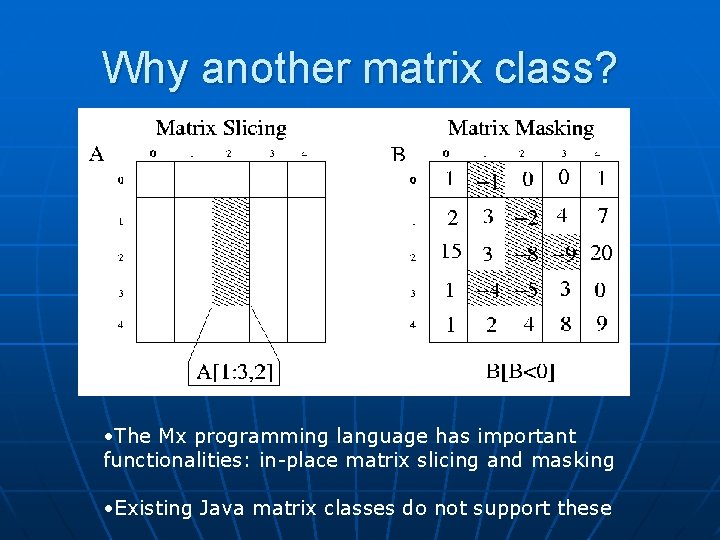 Why another matrix class? • The Mx programming language has important functionalities: in-place matrix Why another matrix class? • The Mx programming language has important functionalities: in-place matrix