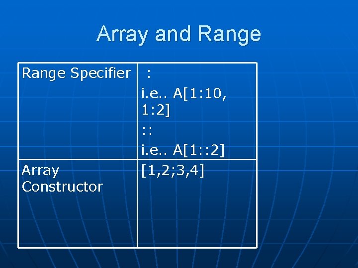 Array and Range Specifier Array Constructor : i. e. . A[1: 10, 1: 2]