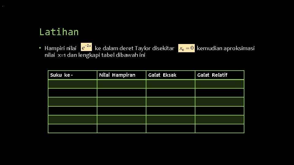 . Latihan • Hampiri nilai ke dalam deret Taylor disekitar nilai x=1 dan lengkapi