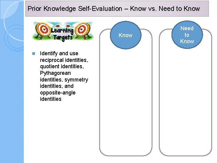 Prior Knowledge Self-Evaluation – Know vs. Need to Know n Identify and use reciprocal
